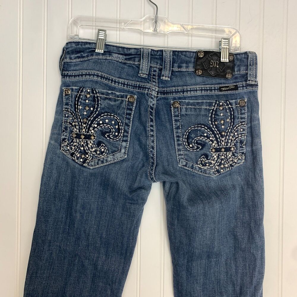 Miss Me JP5038 Womens Blue Jeans Boot Cut Fleur De Lis Pocket Size 30